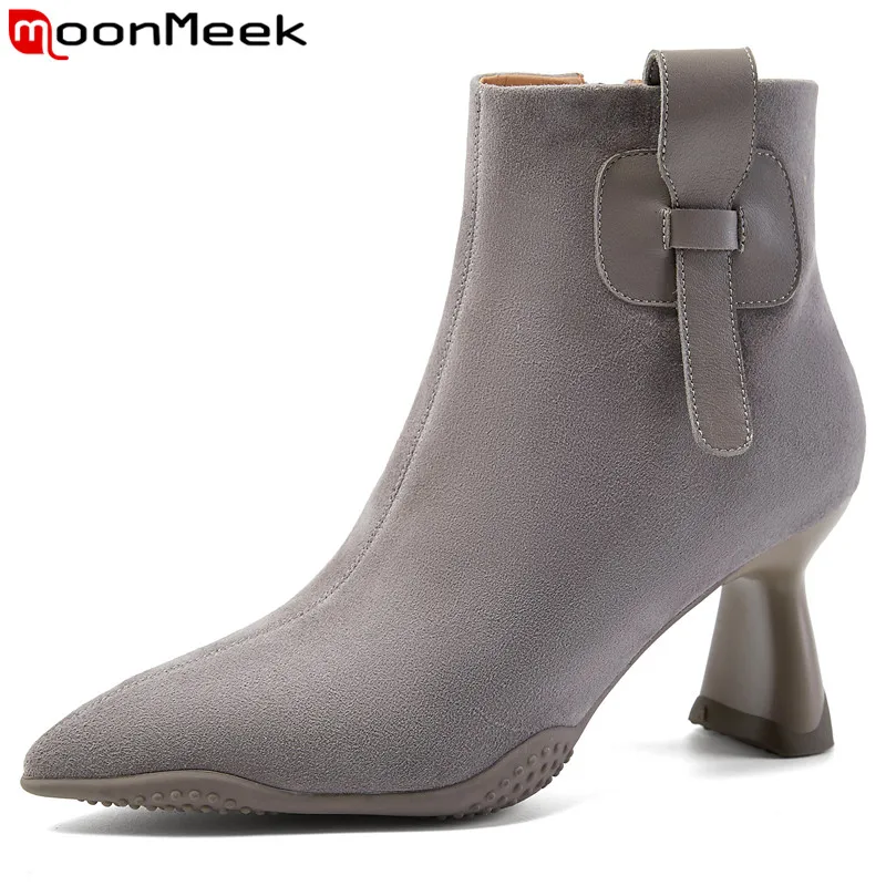 

MoonMeek 2023 New Kid Suede Leather Winter Boots Concise Ladies Modern Ankle Boots Zipper Thick High Heels Women's Boots