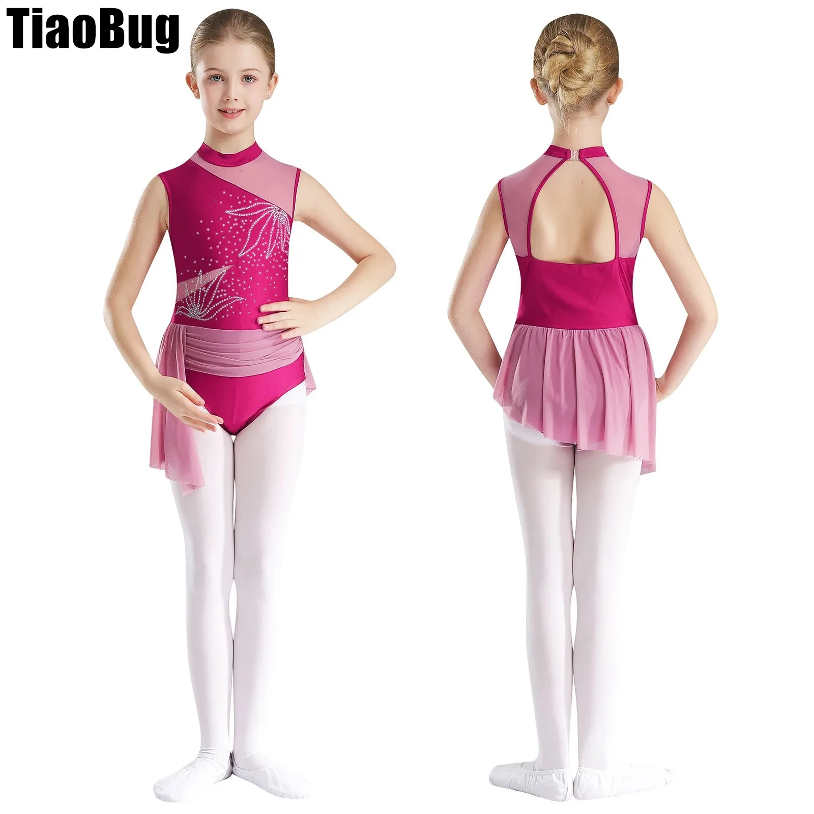 

Kids Girls Flowers Pattern Skirted Dance Leotard Sheer Mesh Patchwork Sleeveless Cutout Back Bodysuit for Figure Skating Dance