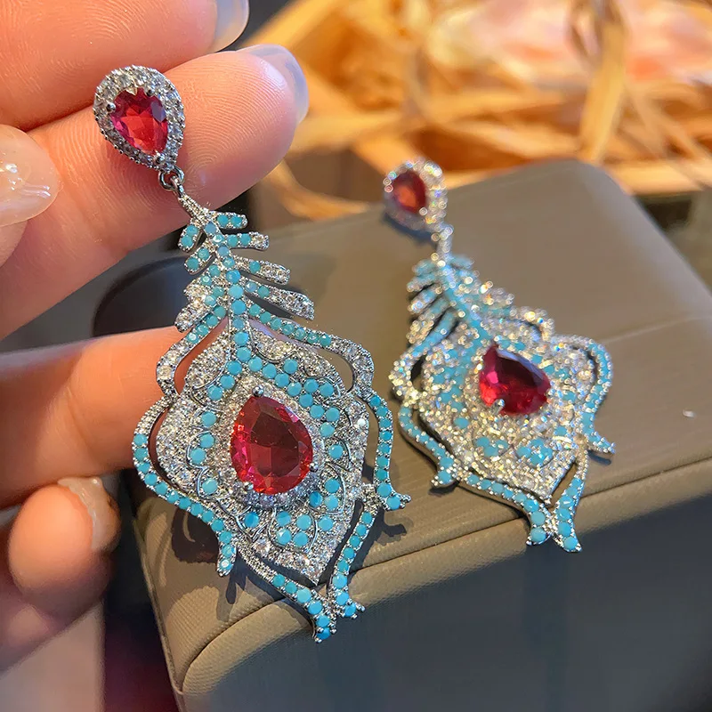 Bilincolor French Vintage Heavy Zircon Feather Earrings For Gift or  Party