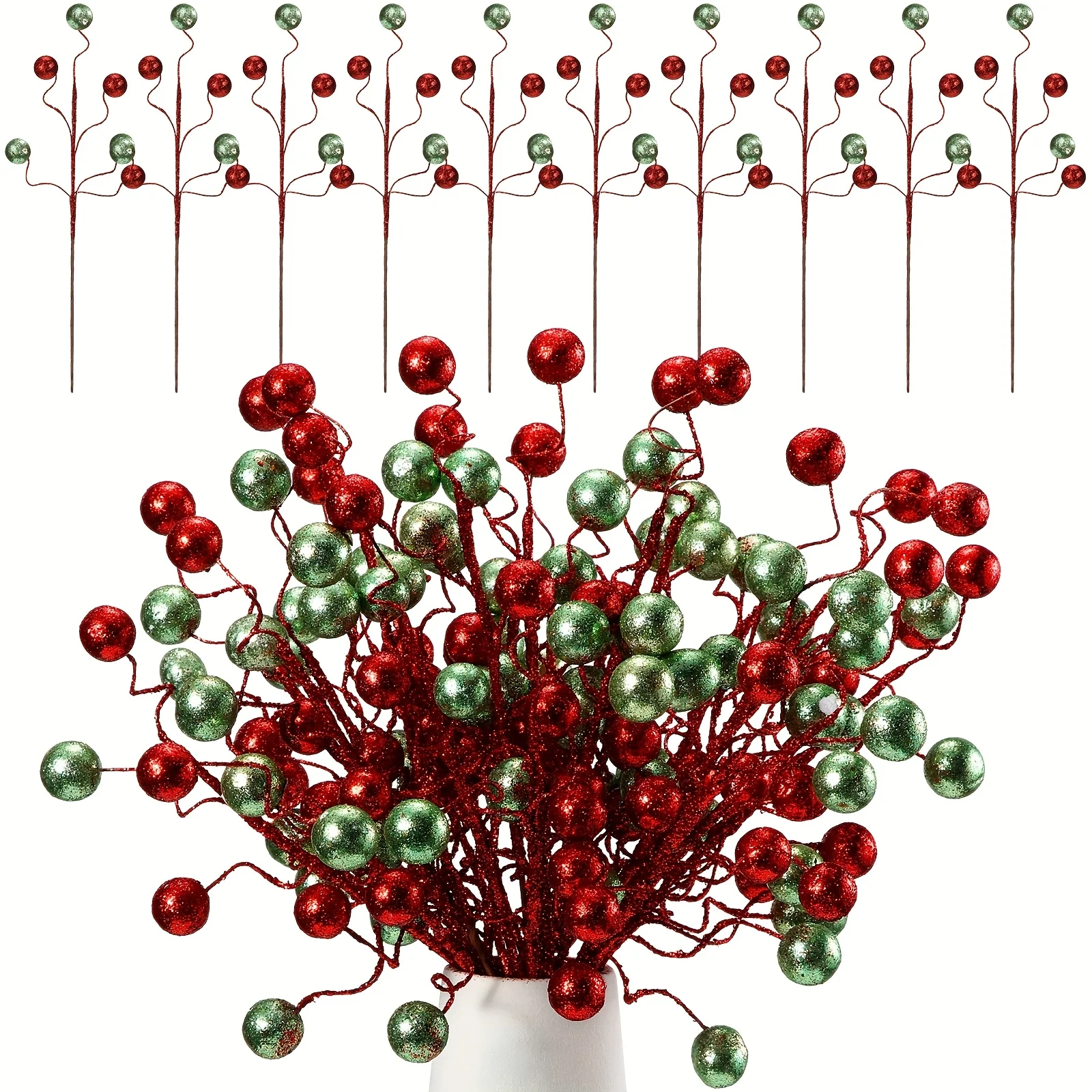

30pcs Glitter Ball Picks - 14 Inch Red & Green Metallic Curly Spray Sticks for Holiday, Wedding, Christmas Tree, DIY Wreath, and Festive Floral Arrangement Decor, Holiday Decor Accessories | Vibrant Decor | Shiny Glitter Balls, YAOMIAO