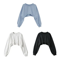 Women Long Sleeve Cropped Crop Top Hoodies Sweatshirt Causal Loose Pullover Tops Dropship