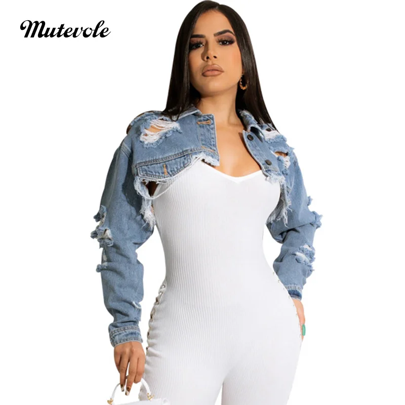 Mutevole Long Sleeve Ripped Crop Denim Jacket Women Sexy Hole Hollow Out Jeans Coat Spring Autumn Turn Down Collar Cropped Tops