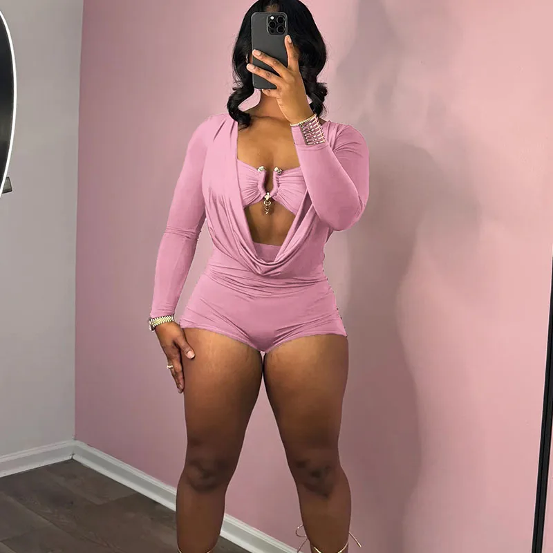 Doyerl Autumn Long Sleeve Playsuit Women Romper 2025 Sexy Deep V-neck Ruched Skinny Club Party Outfits One Piece Jumpsuits Short