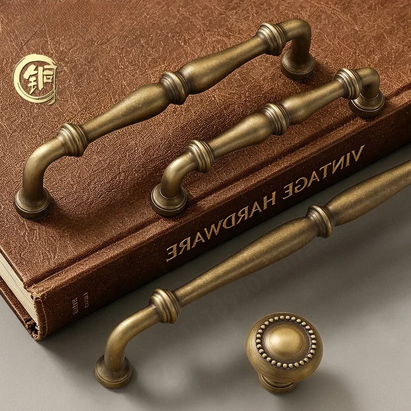 Antique Solid Brass Cabinet Handles, European Style Drawer Pulls for Wardrobe Wine Cupboard Door Hardware