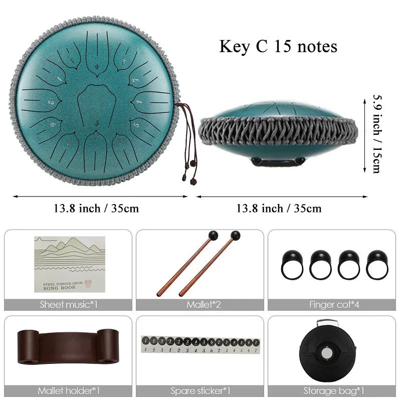 Hluru Glucophone Tamburo con lingua in acciaio 14 pollici 15 note Tono chiave C Tamburo etereo Handpan Strumento musicale a percussione