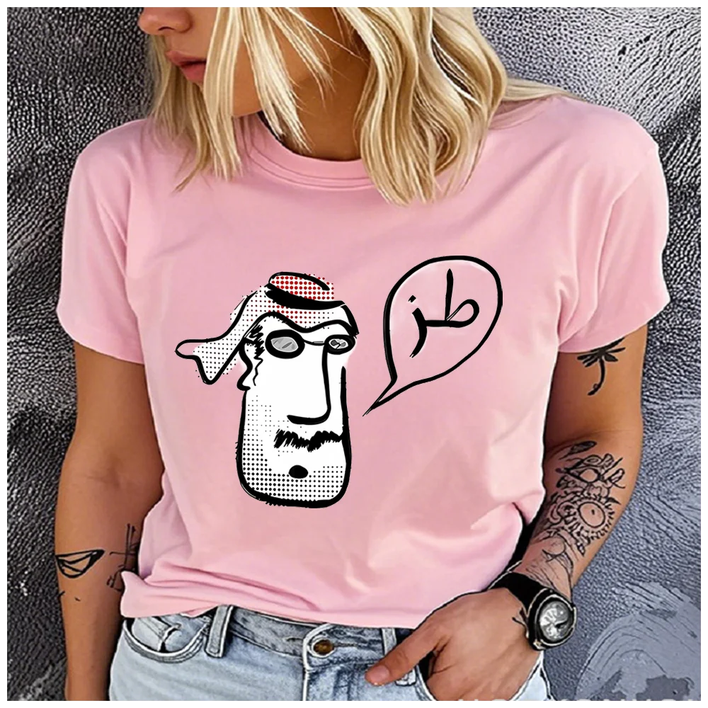 100% Cotton Women Arabic Cartoon Character Print T Shirt Round Neck Short Sleeve Casual Summer Ladies Graphic Tees