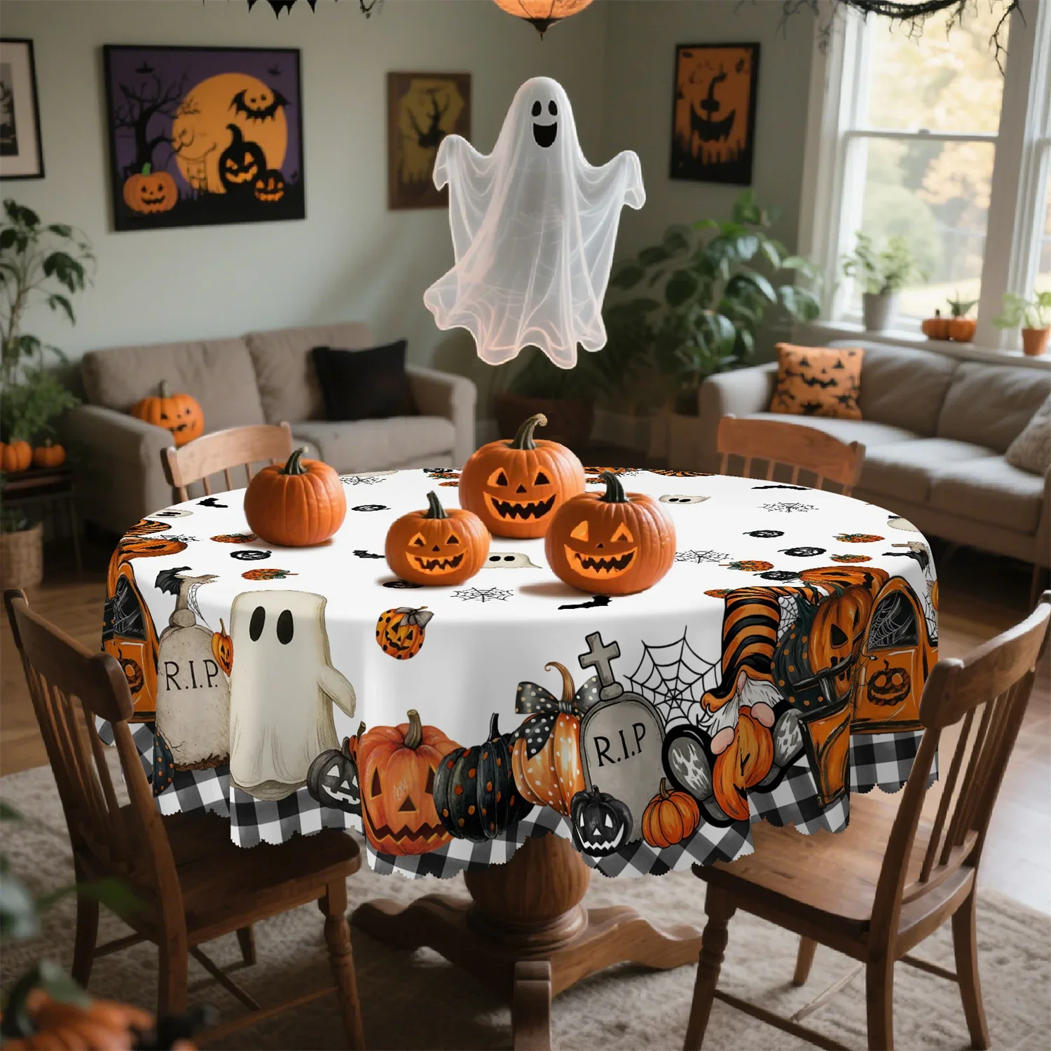 Buffalo Gobo Dot Pumpkin Ghost Dwarf Graveyard Bat Truck Halloween Tablecloth 1-Pack Suitable for Indoor and Outdoor Usexzj