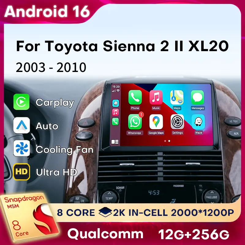 Radio para Auto Android 16 para Toyota Sienna 2 II XL20 2003-2010, Carplay Inalámbrico, GPS, Reproductor Multimedia, Navegador, Unidad Principal con Bluetooth