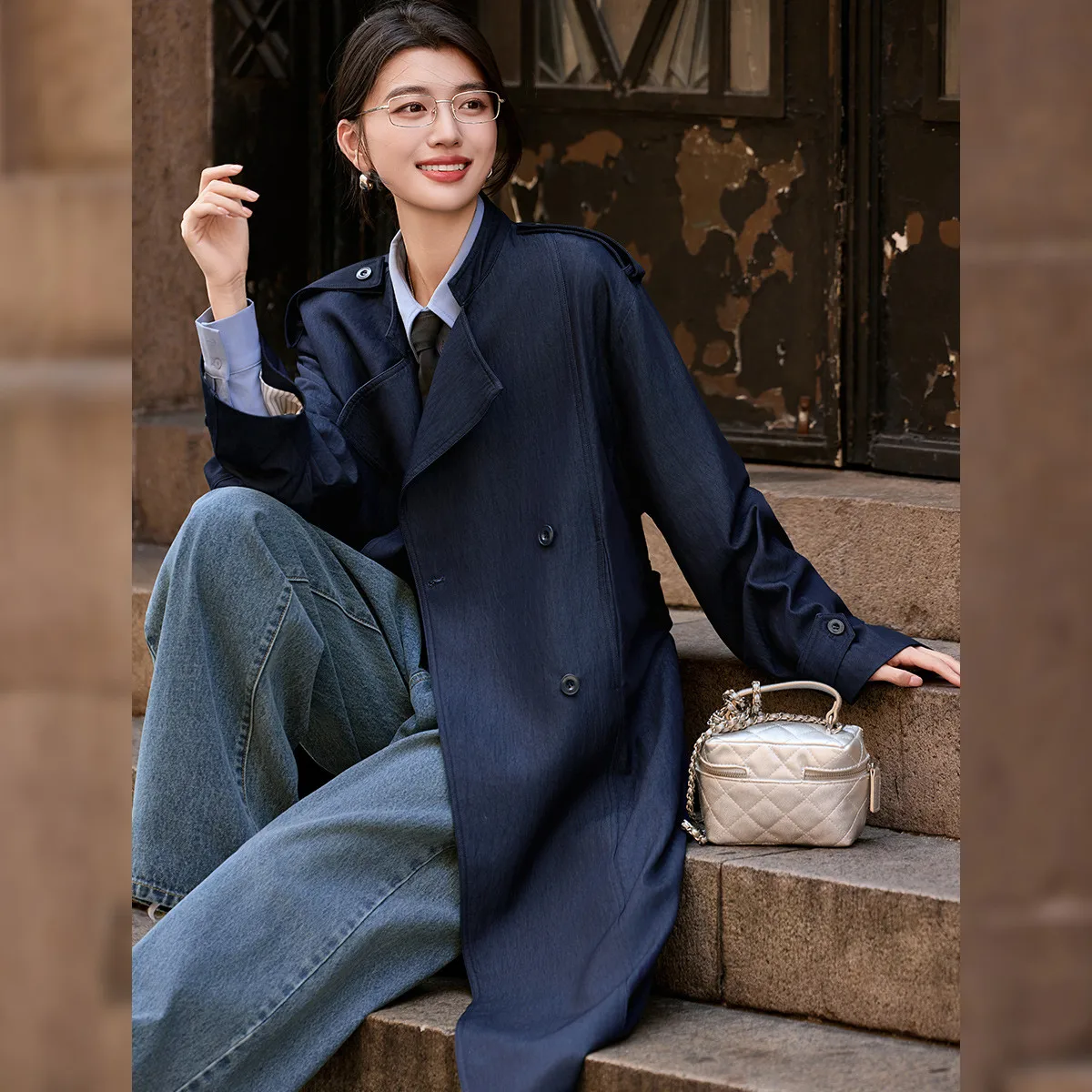LOUIS YAO Lazy British-Style Women's Trench Coat 2025 Autumn Office-Ready Loose Fit Long Double Breasted Windbreaker for Women