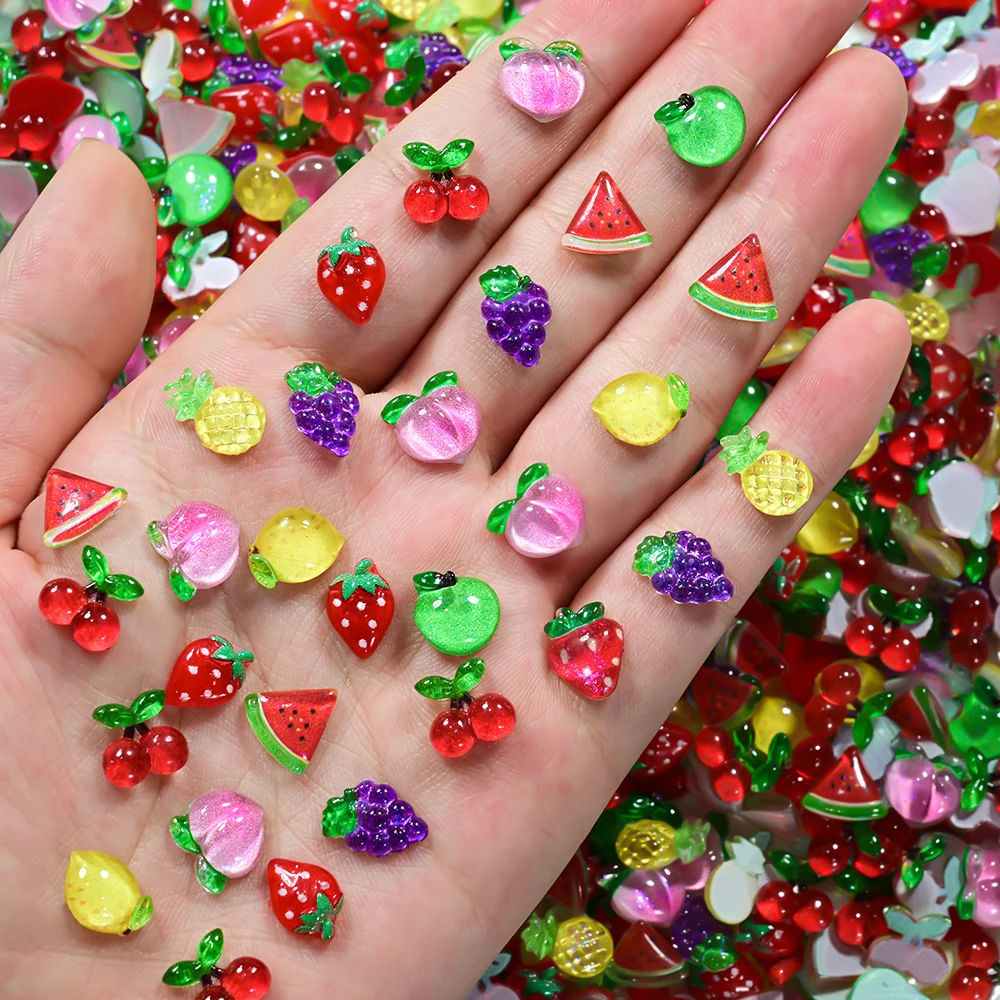 50pcs/Bag 3D Mixed Fruits Nail Art Charms Cute Grape Strawberry Cherry Flatback Resin Nail Decorations Colorful Summer Nail Deco