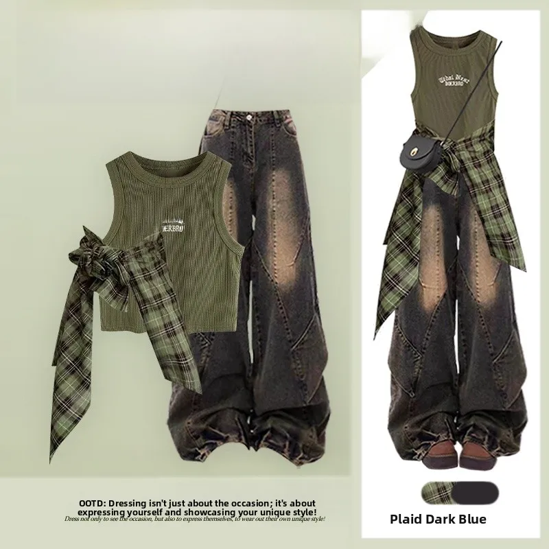 Summer Fashionable Women's Plaid Shirt Print Vest High Waist Slimming Retro Casual Wide Leg Pants Three Piece Set