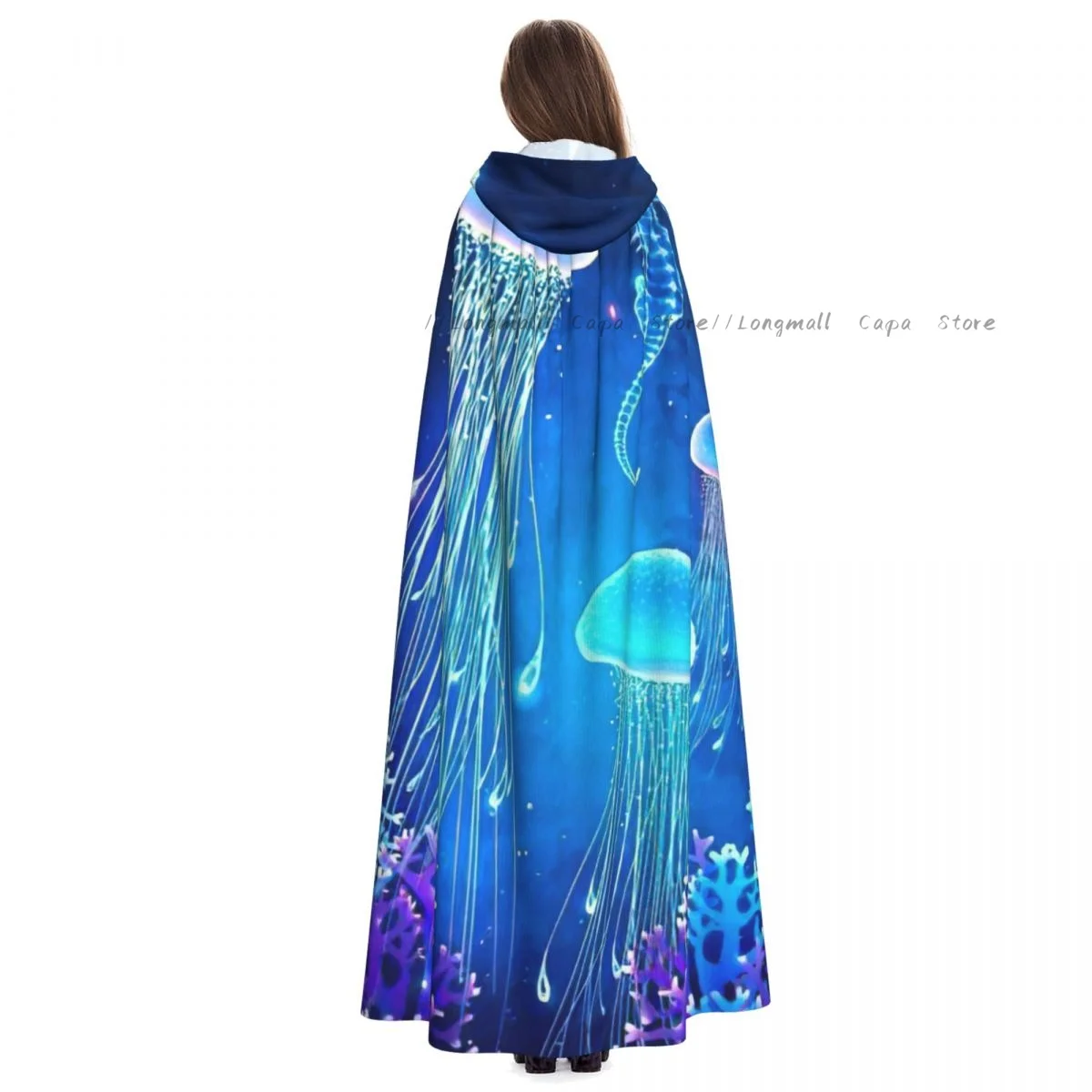 Magic Glowing Jellyfish Underwater Hooded Cloak Coat Halloween Cosplay Costume Vampire Devil Wizard Cape Gown Party image 4