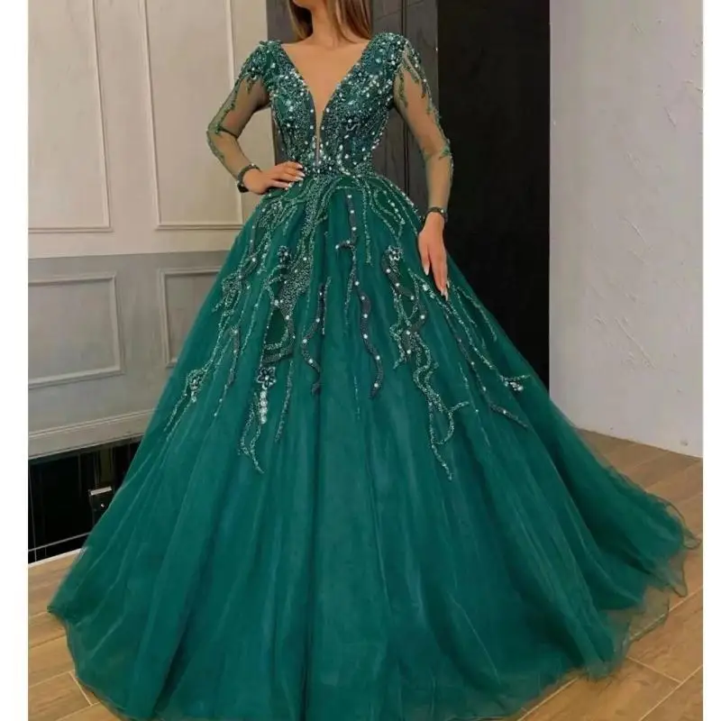 

Saudi Arabic Emerald Green Evening Dresses Long Sleeve V Neck Beading Applique A Line Women Formal Occasion Dress Party Occasion