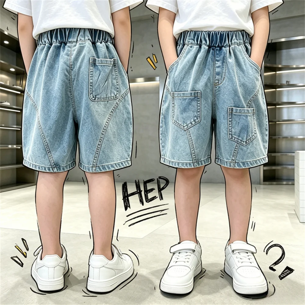 

New Kids Designer Stylish Blue Jeans Shorts with Pockets for Tweens Boys Casual Denim Shorts Children Knee Length Bottoms 2-13Y