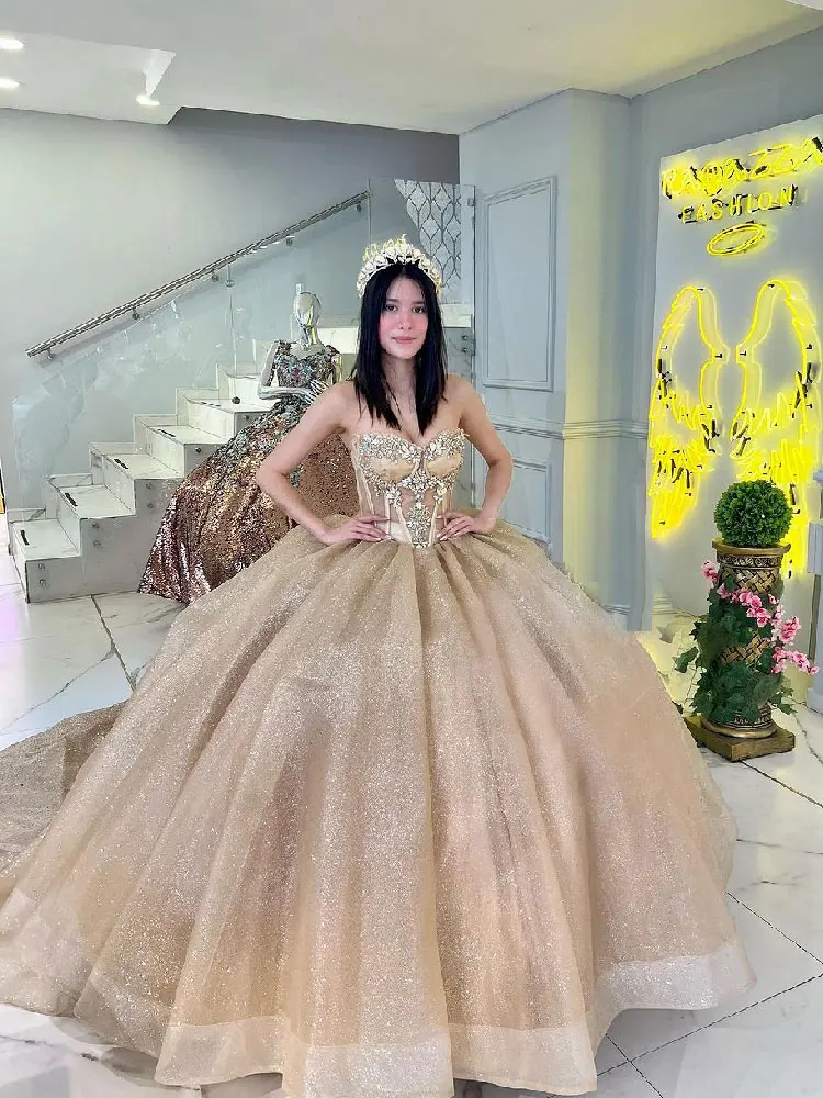 Vestidos De quinceañera con cuentas De cristal, vestido De fiesta De cumpleaños dulce, corsé, 15 Años, desfile De graduación De Miss, champán, 2024