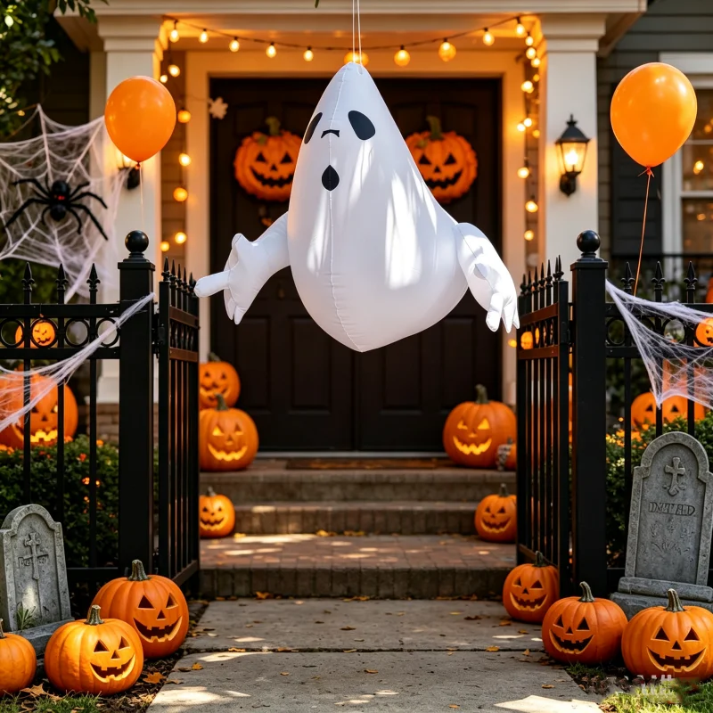 LUSQI Halloween stehend aufblasbarer gruseliger aufblasbarer Kürbisgeist, winddichtes Festival-Thema, für drinnen und draußen, Gartendekoration – Detail 11