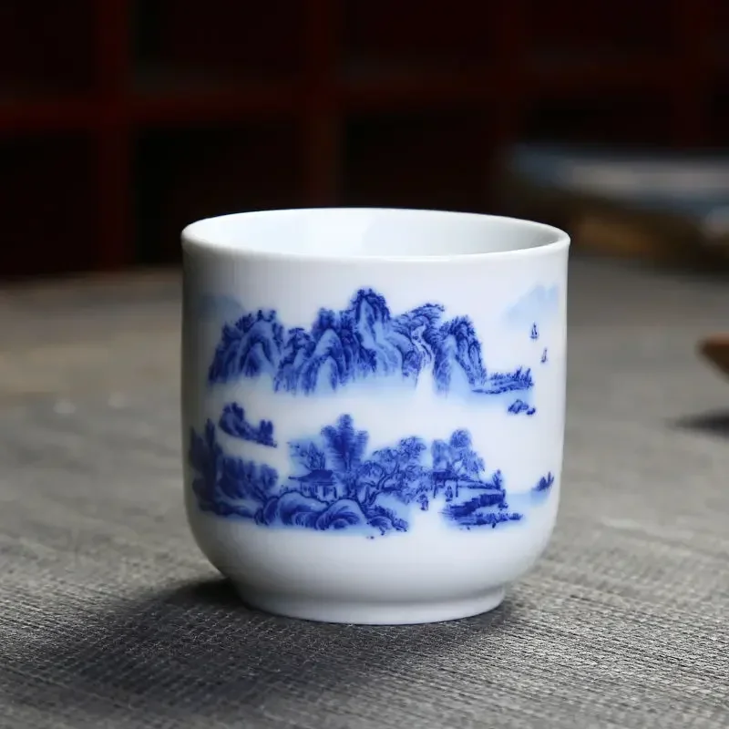 Ceramic Teacup, Blue and White Porcelain Personal Tea Bowl Wine Cup, Jingdezhen Teaware, Household Drinkware for Water, Coffee