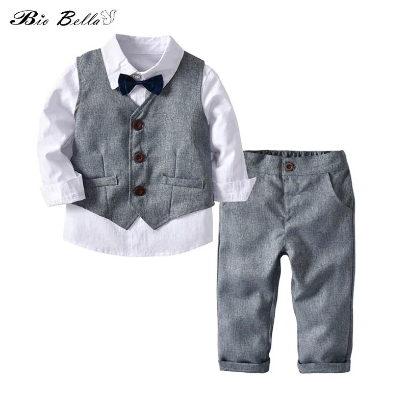 

Biobella New High Quality Spring Autumn Boys Blazer Gentlemen's Casual suit 3pcs Vest + White shirt with Bow Tie +Long Pants