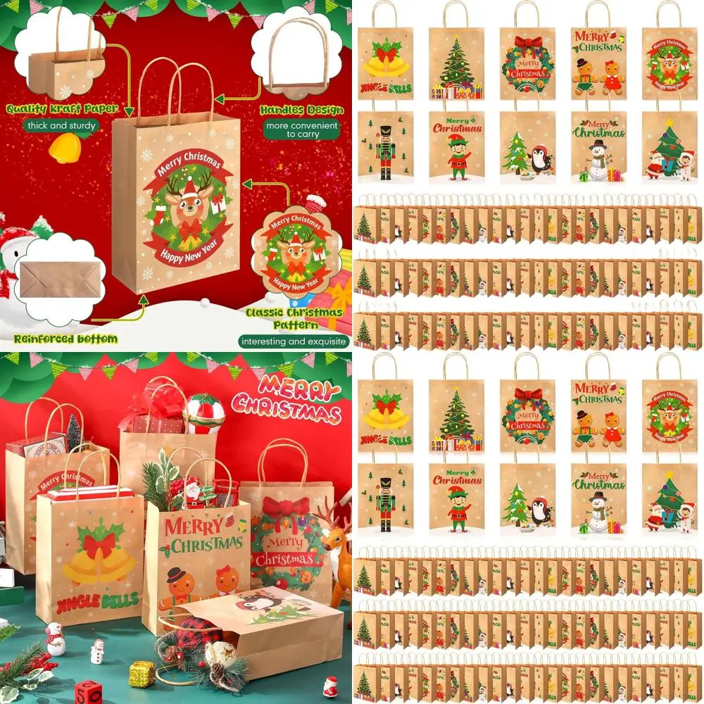 

Массовые 200 упаковок рождественских подарочных пакетов, крафт-бумага 9x7x3 с ручкой, 10 стилей для праздничных сувениров и подарков