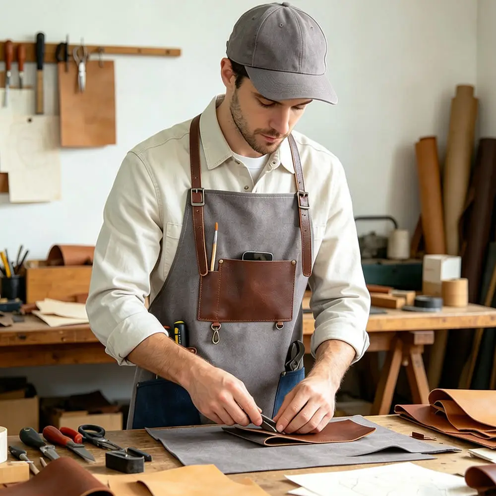 Multipurpose Canvas Apron With PU Leather Pockets Tool Bib For Carpenter Workshop Repairing Kitchen Cooking Painting