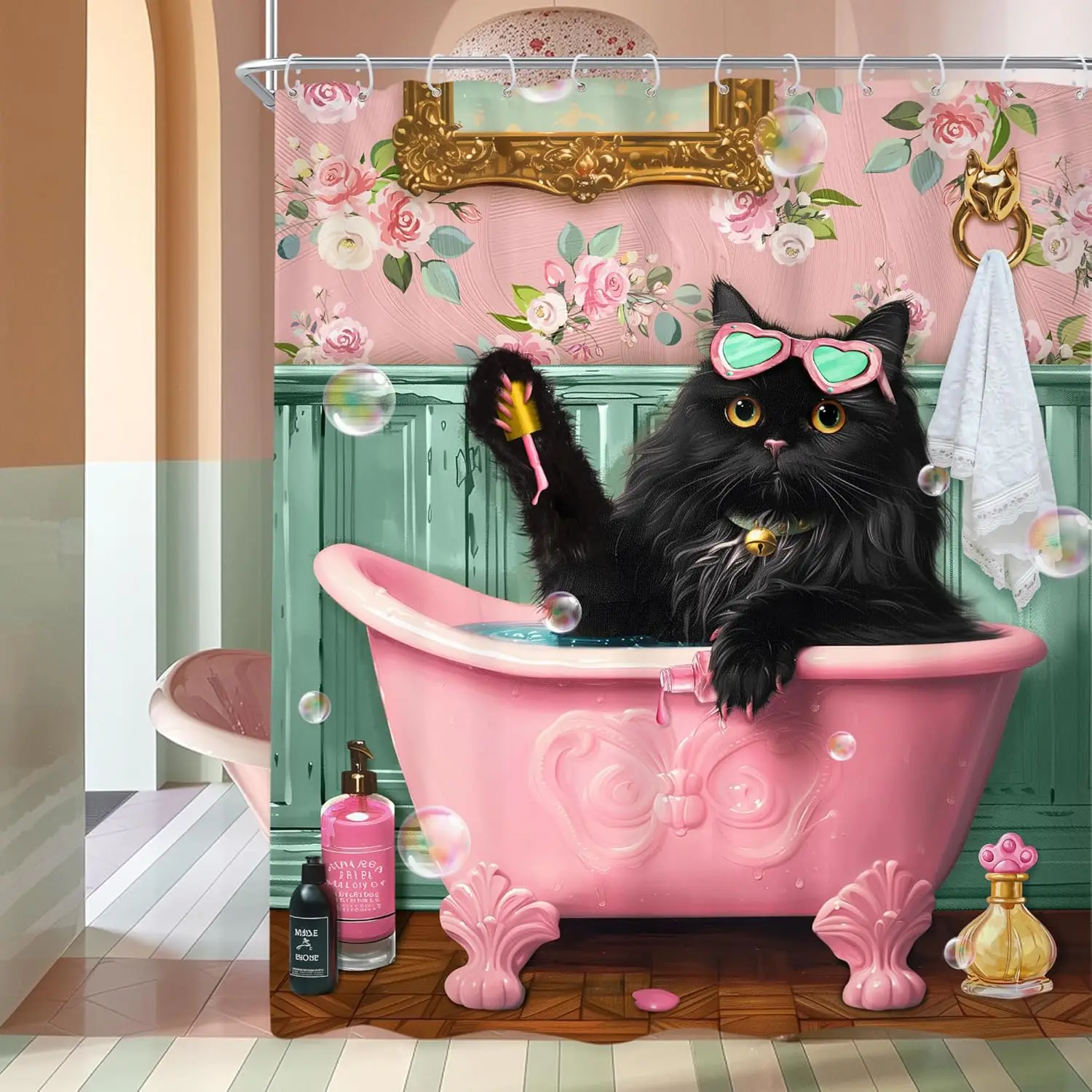 

Riyidecor Cute Dogs Shower Curtain Funny Lovely Cartoon Animal Paw Print Bones Childish Puppy Pets for Kids Girl Boy Bathroom