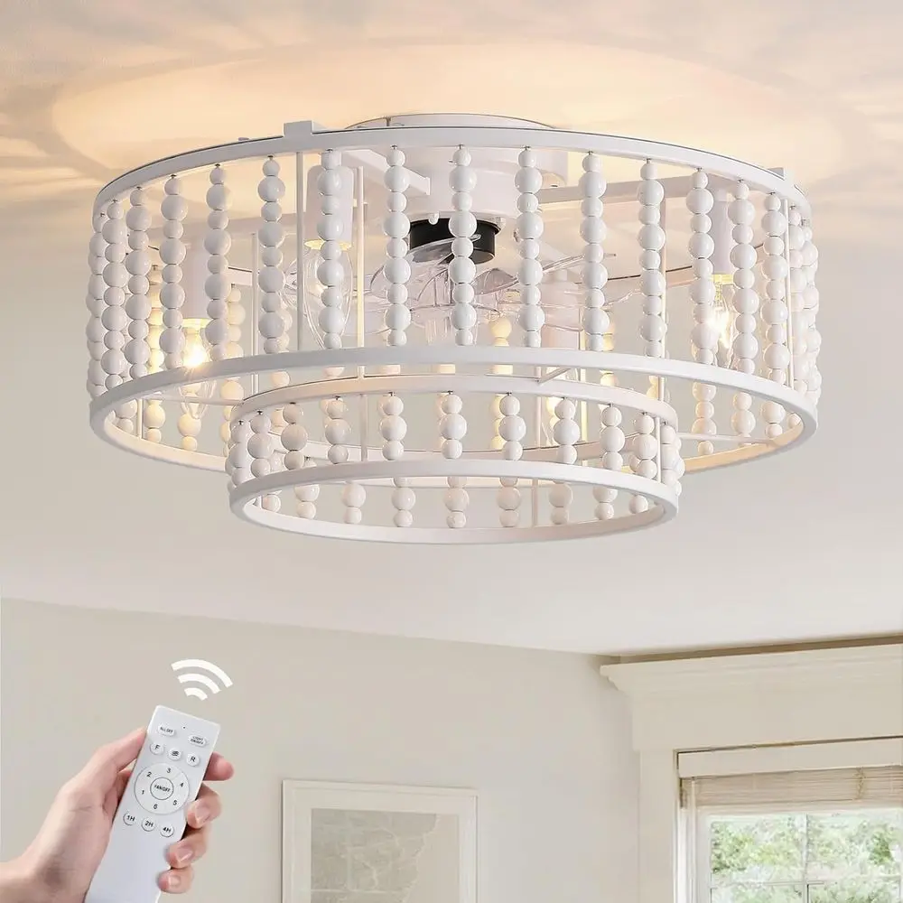 

19-дюймовый потолочный светильник в стиле бохо с подвесным креплением, с подсветкой, белый, с деревянными бусинами