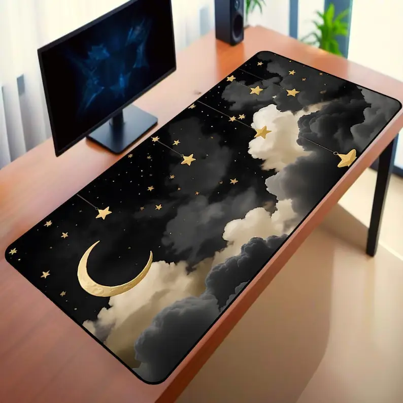 Gold Moon and Stars Celestial Desk Mat Led Gaming MousePad Black Drawing Cute 400x900mm MousePad Dark Color Office Accessories