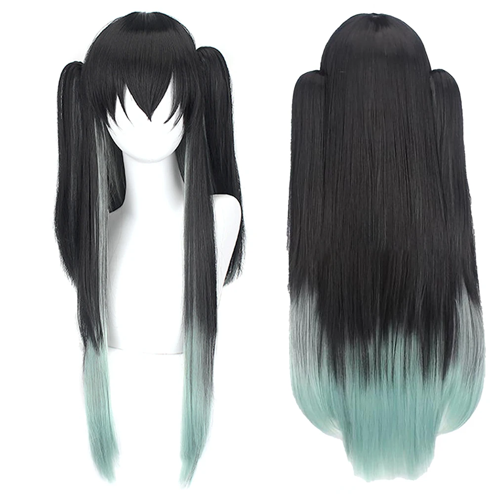 Pelucas de Cosplay de Anime Tokitou Muichirou, accesorios de personajes, pelucas para la cabeza, pelo largo liso sintético negro y verde resistente al calor