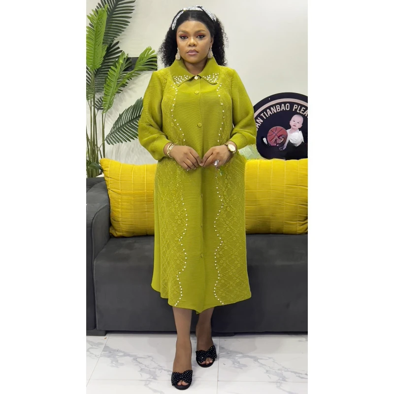 2025 Miyake Pleats Wholesale New Solid Color Dress Lace Splicing Beads Temperament Loose Women's Cardigan Dresses