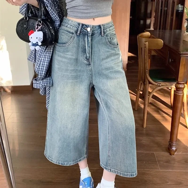 

Women Retro High Waist Wide Leg Denim Culottes Loose Casual Straight Cropped Jeans Streetwear