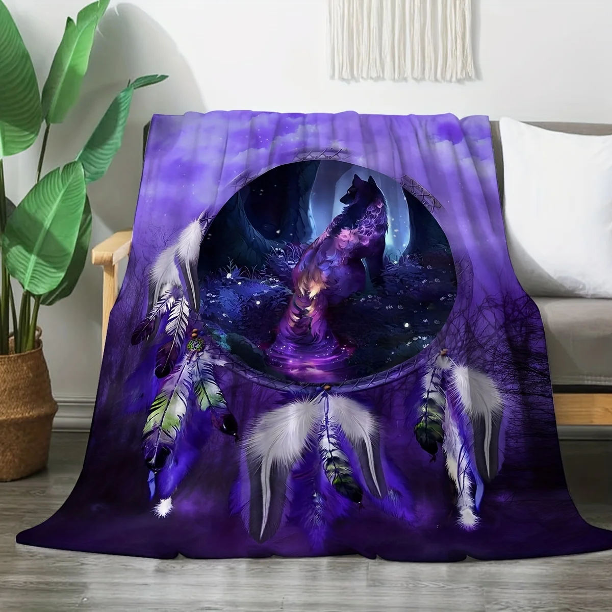 1pc Flannel Creative Dreamcatcher Wolf Tail Print Blanket, Comfortable and Soft, Suitable for Adults and Children, Multiple Size