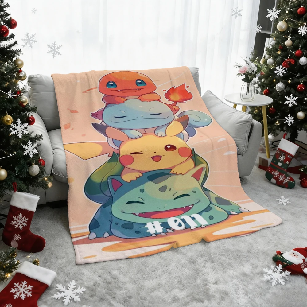 Pokemon Pikachu Gengar Bulbasaur Charmander Squirtle Psyduck Flannel Throw Blanket Soft Warm Blanket for Sofa Bed Home Decor Gif