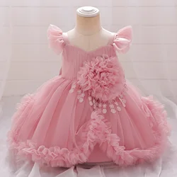 3D Flower Pink Baby Girls Dress Bow 1st Birthday Baptism Wedding Princess Kids Party Dresses for Girl Christening Bridemaid Gown