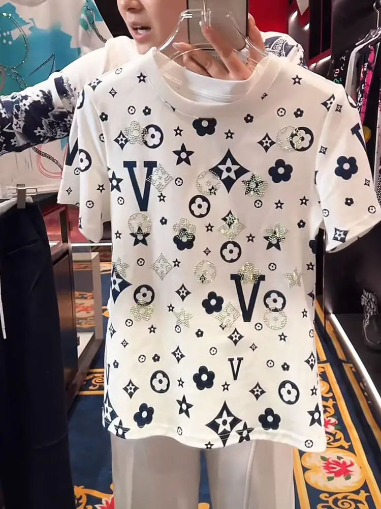 Luxo diamante geometria padrão retro t camisas de algodão branco verão manga curta camisetas topo alta rua moda feminina nicho roupas