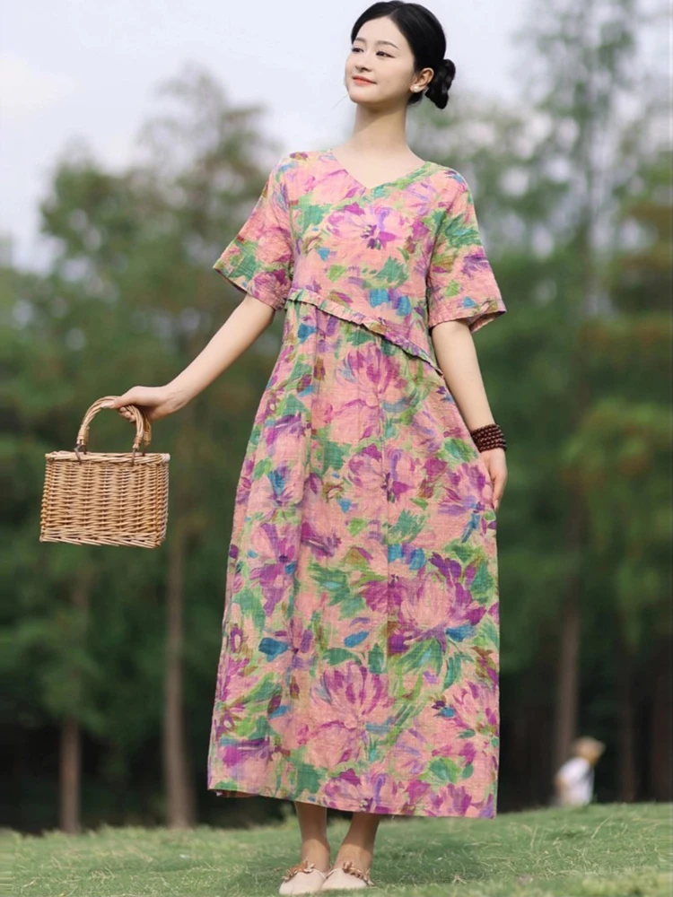 

Women Casual Cotton Dress New Arrival 2025 Summer Vintage Style V-neck Floral Print Loose Ladies Elegant A-line Dresses M1321