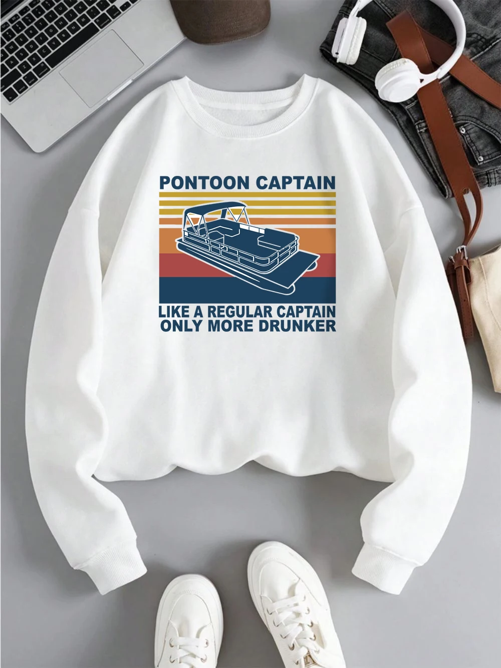 Pontoon Captain Sweatshirts Women Man Vintage Prints Hoodies Loose Fleece Warm Crewneck Clothes Winter Sporty Womans Pullover