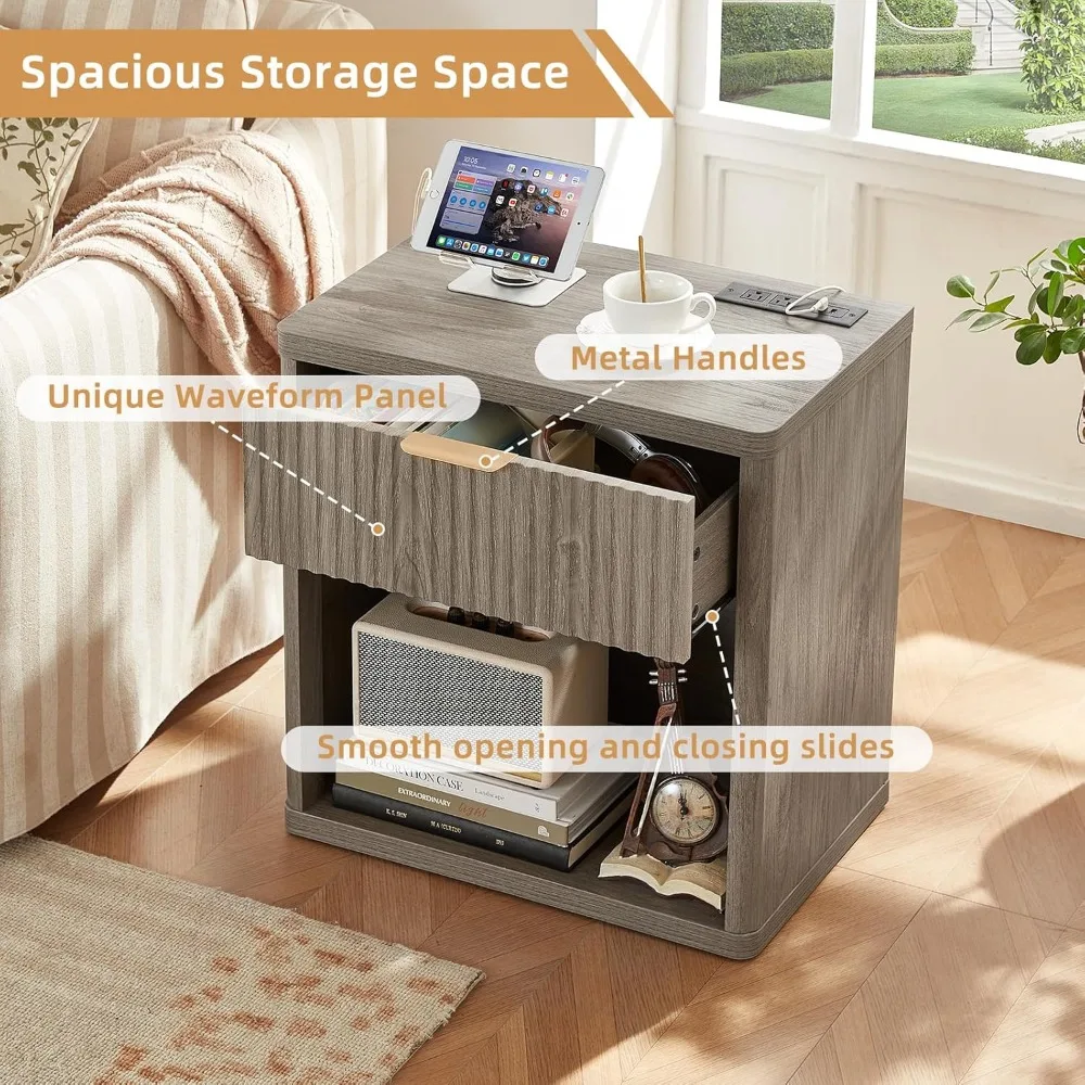 منضدة LEYAOYAO المخددة مع قاعدة شحن، طاولة نهاية 23 درجًا واسعةًا، حامل ليلي رمادي مع خزانة تخزين مفتوحة، Farmho