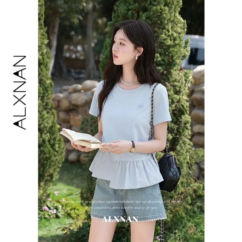 ALXNAN Elegant Round Neck Blue T-shirt Women Spliced Irregular Hem 3D Floral Decor Loose-fit Short Sleeve Top Summer Tees L66813
