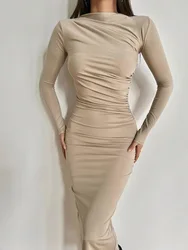 Dress Women Slash Neck Slim Fit Sheath Sexy Long Dresses Full Sleeve Hip Wrap Splice Gown Vestidos Pleated High Waist 2024