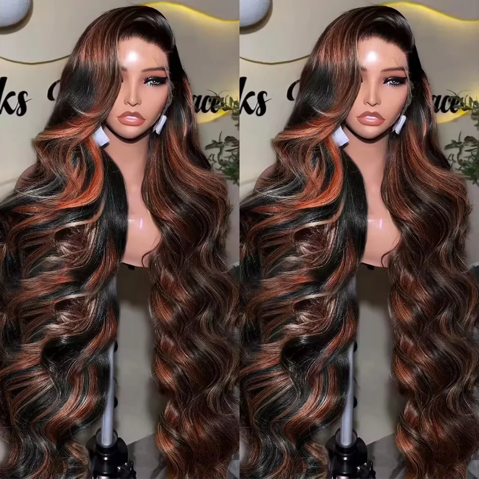 Mossily 250 Density 30 Inch Body Wave Highlight Wig Human Hair 1B/30 Black Brown Highlight 13x6 HD Lace Frontal Wig Human Hair