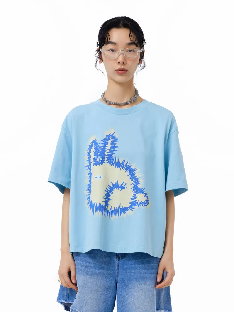 

Футболка MOVEUP с короткими рукавами и круглым вырезом, летняя новинка 2026 года, из чистого хлопка, с контрастным принтом кролика, повседневный топ для женщин 325210589