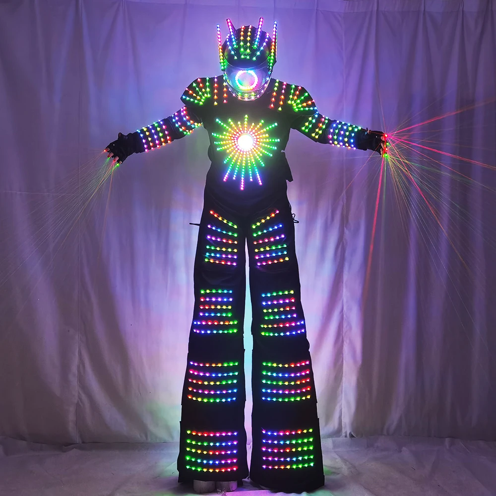 Pixel LED Robot Suit Light-Up Stilts Walker Costume David Guetta Dance Color Luminous Clothing Laser Gloves CO2 Gun Jet Machine