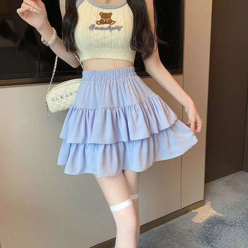 Ruffled Cake Skirts for Women High-waisted A-line Solid All-match Sweet Lovely Girls Korean Style Gentle Spring Kawaii Casual