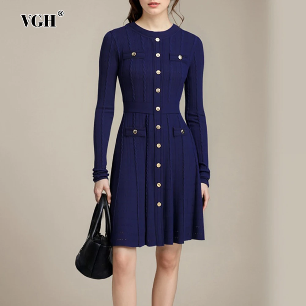 

VGH French Style Slimming Solid Chic Dreses For Women Round Neck Long Sleeve High Waist Elegant Knitted Dress Female Fashion New