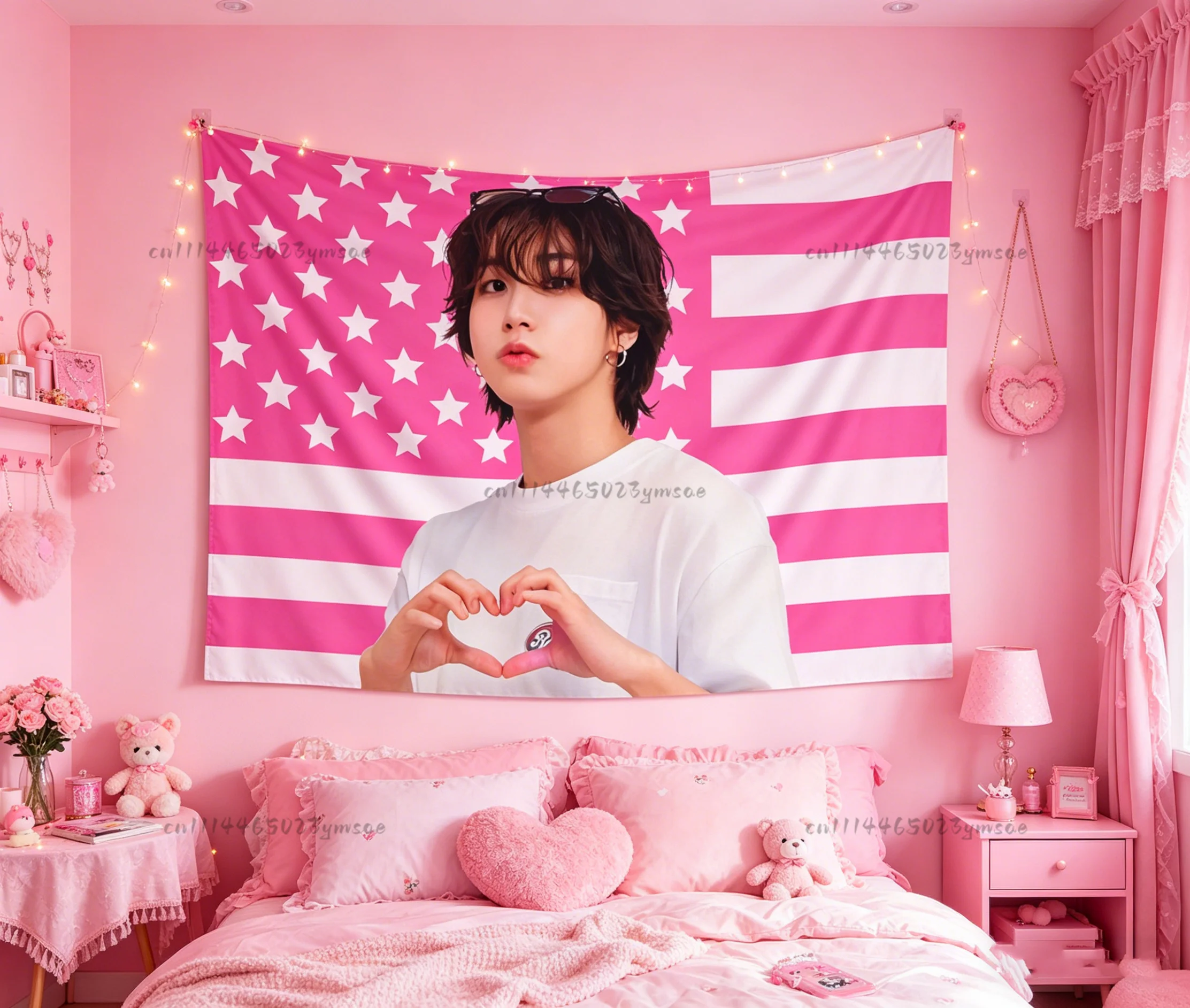 Lustiger Wandteppich SSKZ Han Finger Heart Pink American Flag Ästhetischer Wandteppich für Schlafzimmer, Wohnheim, Hintergrundstoff, Wandteppiche, Raumdekoration