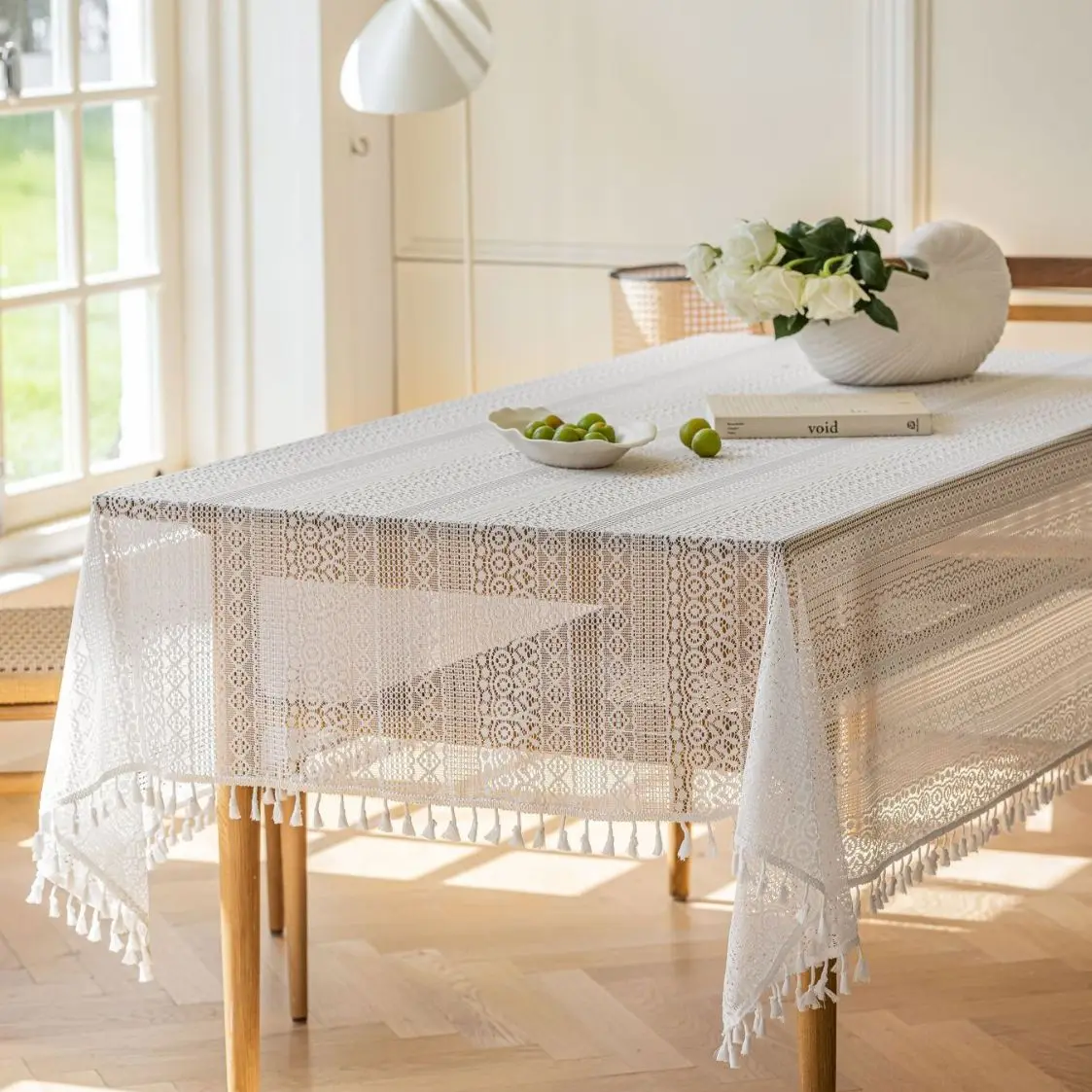 Lace Tassels Tablecloth, The White Embroidered Table Cover, Decorative Table Cloth for Coffee Table Desks