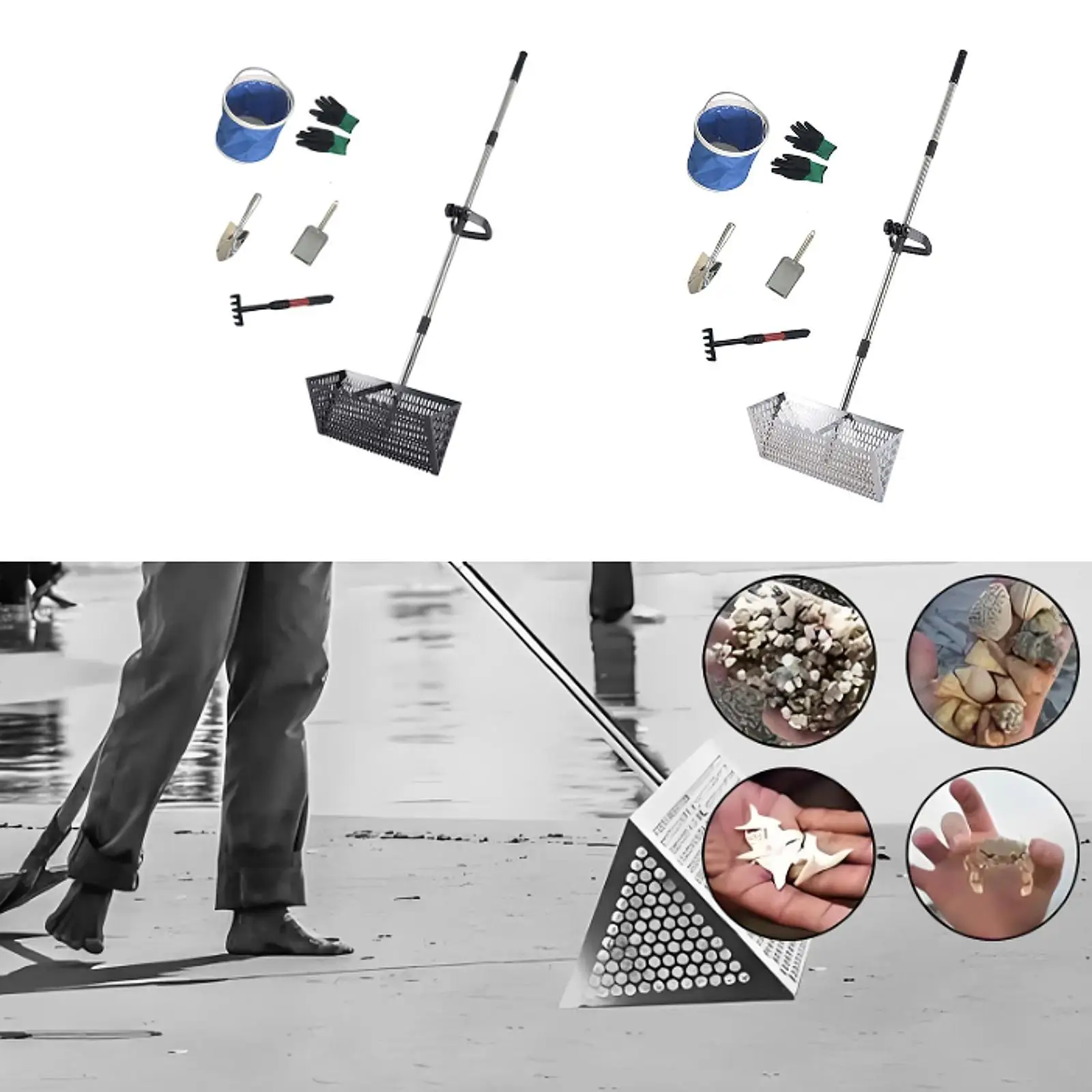 Edelstahl-Sandflöhe, Rechen, Schatzkennung, Jagd, Edelstahl-Werkzeug, Sandrechen, hochwertige große Metalldetektorschaufeln