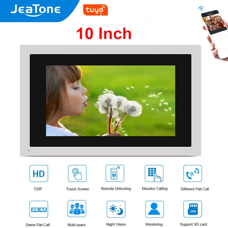 

JeaTone 10 Inch Tuya WIFI IP Video Door Phone Intercom Touch Screen Wired Single Monitor with Unlock, Dual Way Talk and Monitor