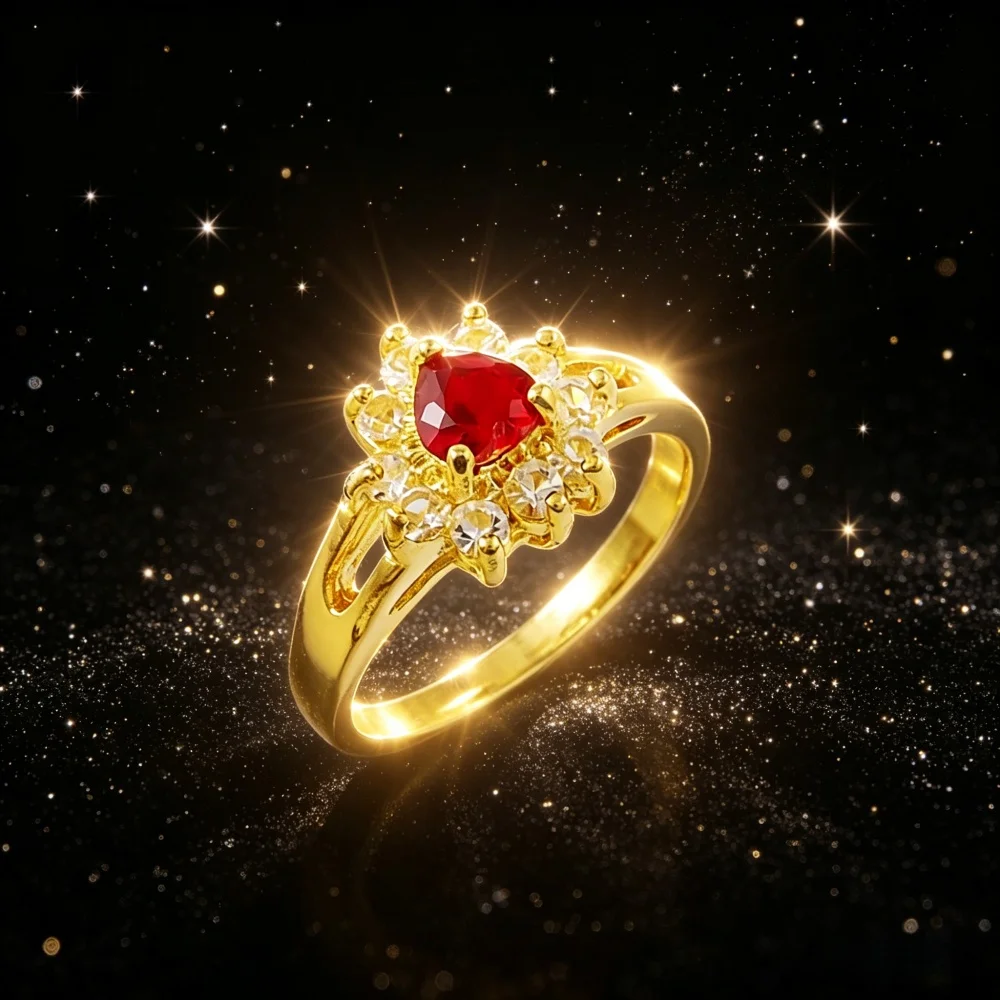 24K Ring Gold Plated Ring Heart Shaped Zircon Rings Women Charm Jewelry Gifts