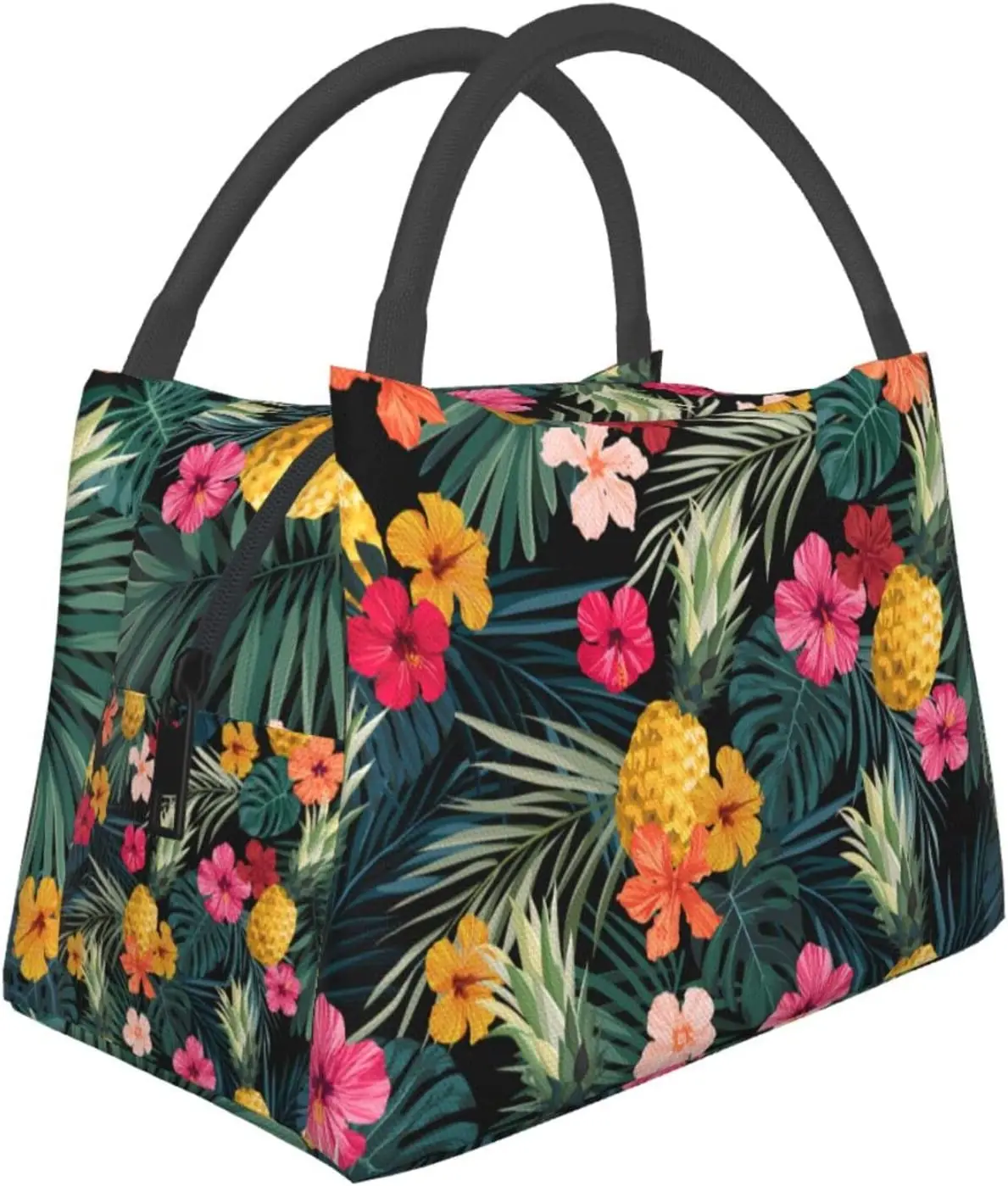 Palm Leaves Hibiscus Lunch Bag Reusable Portable Insulated Tropical Pineapples Fruit Large Lunch Box Tote Bag for School Office